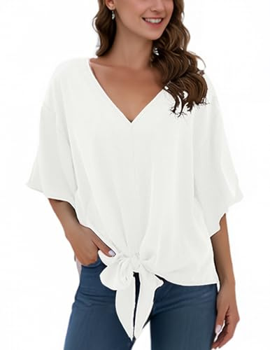 Anelune Ladies' Chiffon Blouses Short Sleeves Summer Tops, White, XXL