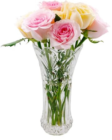 Crystal Glass Vase for Flowers, 24cm Clear Table Centrepiece, Thickened Vase for Pampas Grass, Tulips, Orchids, Roses, Dried Flowers