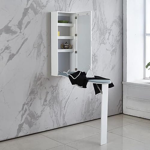 RVUEM White, Wall Mounted Ironing Board Cabinet, Ironing Board with Stand/Storage Cabinet/Mirror, Built in Ironing Board & Folding Support Leg, for Dorm Apartment Laundry Room