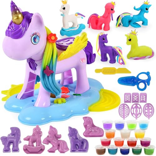 VBACALA Einhorn Knete Set Kinder 36 Stück mit 16 Dosen Knetmasse, Knetezubehör Einhorn mit Frisur & Formen, Kreatives Einhornknete Spielzeug Geschenk ab 3 Jahre