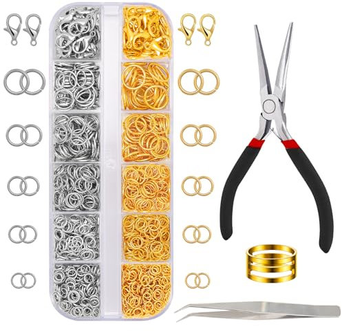 JOLCEEY Jump Rings Kit, Silver Gold Open Jump Rings with Jewellery Pliers for Jewellery Making Bracelet Earring Necklace Repair (4mm 5mm 6mm 8mm 10mm)