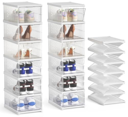 BTGGG 12er Set Schuhboxen Stapelbar Transparent Schuh Organizer für Schrank Faltbar Kunststoff Schuhbox mit Tür, Installationsfrei Schuhaufbewahrung Platzsparend Schuhregal, für Schuhe bis Größe 45