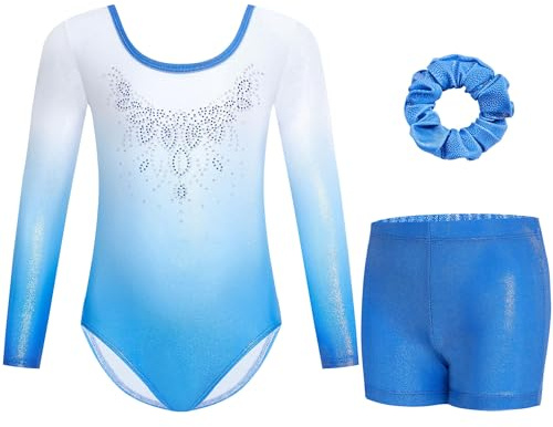 Gogokids Tredelade gymnastiktröjor för flickor, långärmad gymnastikset med shorts och pannband, glänsande dansklänning med gradient färgdesign för 3–12 år