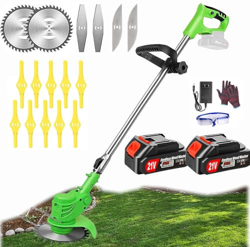Coupe Bordure sans Fil avec Batterie, Debroussailleuse Electrique sans Fil, (2 Batteries de 2,0 A et Chargeur Rapide) Coupe Bordure, Débroussailleuse, avec 3 Types de Lames pour Jardin, Cour