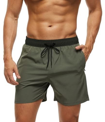 Monstoyo Shorts de Bain Homme Maillot de Bain avec Poches Zippées, Séchage Rapide Short de Plage Piscine Homme Doublure Filet et Cordon Réglable M Épissure Vert Armée