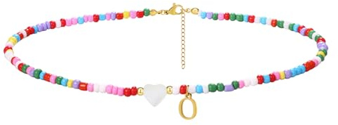 JewelryWe Boho bokstäver choker kedja: handgjord bokstavskedja första bokstaven O initial halsband med hjärta hänge färgglad justerbar pärlkedja sommar strandsmycken för kvinnor flickor, Harts Harts