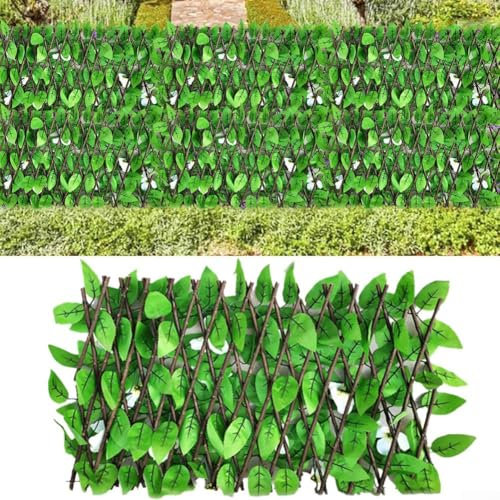 HOHOVYVY Brise-vue pour balcon, clôture en bois extensible avec feuilles et fleurs artificielles, pour jardin, balcon, terrasse, brise-vue, 40 cm de hauteur (orchidée blanche)