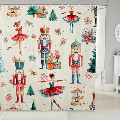 Erosebridal Nutcracker Christmas Bathroom Decor - Ballet Ballerina Shower Curtain Set Gifts for Girls Kids, Winter Snowflake Beige Bathroom Set 72 x 84 Inch, Xmas Tree Fabric Shower Curtain