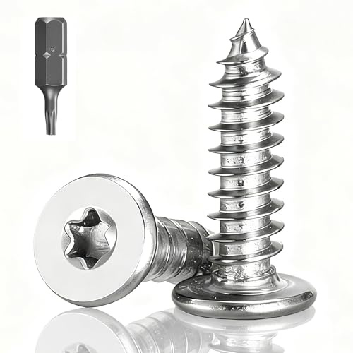 Jyvex 100 stycken träskruvar i rostfritt stål M3 x 16 mm platt huvud Torx, skruvar i 304 rostfritt stål för trä, försänkt huvud, rostfritt stål, helt gängad skruv med T8