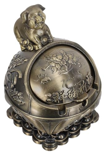GLEAVI Vintage Windproof Zinc Alloy Ashtray with Lid – Portable Embossed Round Cigar Ash Holder – Compact Outdoor Patio Ashtray for Smokers, Unbreakable Tabletop Gift for Men, Pig Zodiac