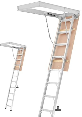 VEVOR Aluminum Attic Ladder, Fits 9.8'-10.3'/7.66'-9.8' Ceiling Height, 54 x 22.5 Opening, 375 lbs Load Capacity, Multi-Purpose Foldable Lightweight and Portable Attic Stairs for Convenient Access