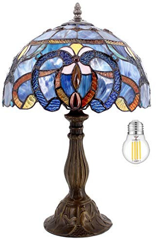 WERFACTORY Tiffany Lamp Blue Purple Stained Glass Style Table Lamp Reading Desk Light 12X12X18 Inches Decor Bedroom Living Room Home Office S558 Series