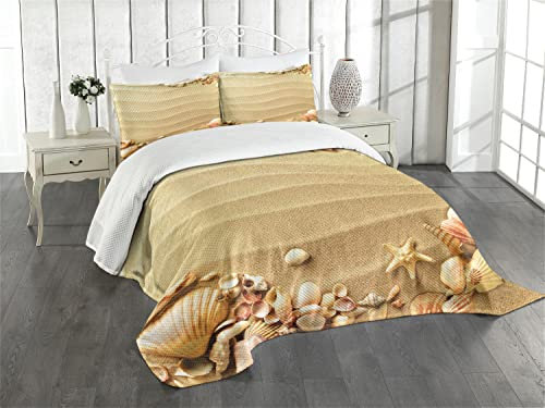 ABAKUHAUS Strand Tagesdecke Set, Sand mit Muscheln, Set mit Kissenbezügen Maschienenwaschbar, für Doppelbetten 220 x 220 cm, Sand Brown Coral