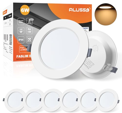 ALUSSO LED Downlights for Ceiling 6W Ultra Slim LED Recessed Ceiling Spot Lights 3000K Warm White IP44 Waterproof Spotlights Ceiling Lights for Bathroom Kitchen Living Room, 6 Pack