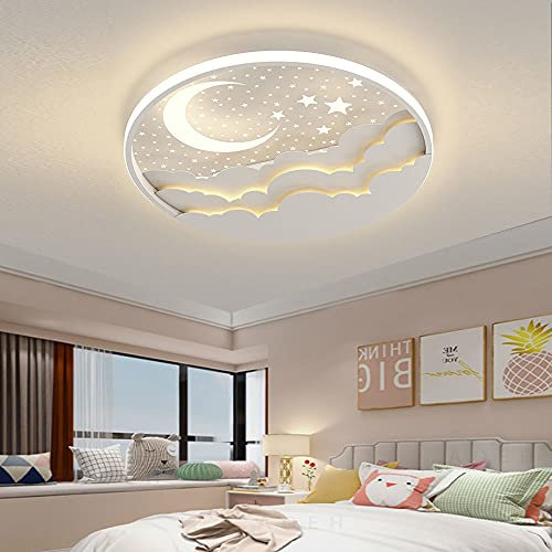 LED Kinder Deckenlampe Stern Mond Deckenleuchte Für Kinder Acryl Lampenschirm Stufenloses Dimmen mit Fernbedienung Ultradünn 6Cm Schlafzimmer Decke Kindergarten Beleuchtung-D40cm,40W,Weiß