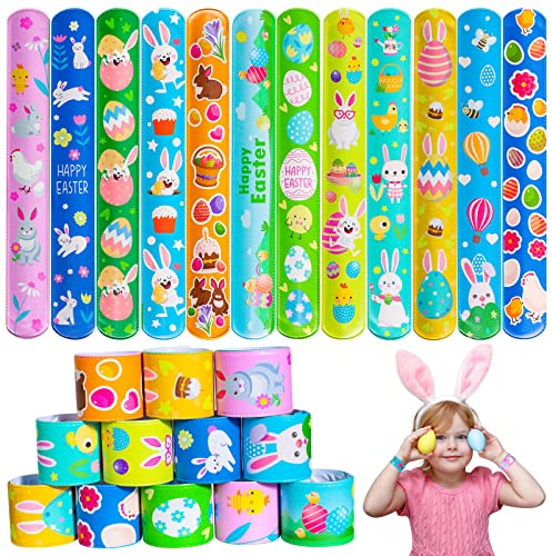 Max Fun 48pcs Easter Slap Bracelets Party Favors Toys Basket Stuffers for Kids Party Favors Easter Egg Fillers