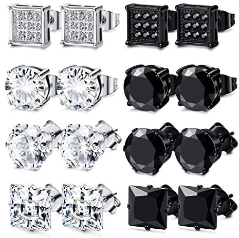 KALVICA 8 Pairs Stainless Steel Stud Earrings - Silver & Black Cubic Zirconia Square Earrings - Hypoallergenic for Men, Women & Girls