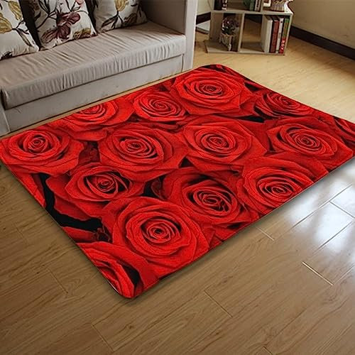 PEIHUODAN Pflanze Blumen 3D Innenbereich Teppich, Rote Rose Tropisch Grün Blatt Kurzflor Teppich für Wohnzimmer Schlafzimmer Badezimmer, Mädchen Frauen Teppich Yoga Matte Fußmatte (Rot,80x120 cm)