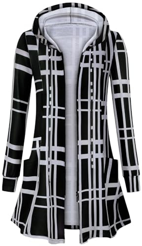 Flikity Long Cardigans for Women, Long Zip Up Hoodies for Ladies Plaid Tops Hooded Cardigan Ladies Casual Jacket Lightweight Cardigan Womens Spring Summer Autumn Clothes L