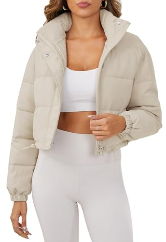 Ogfao Women's Cropped Puffer Jacket Long Sleeve Puffy Coat Stand Collar Zip UP Quilted Padded Drawstring Outwear with Pockets Beige L