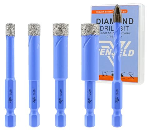 Juego de Brocas Diamante Seco - 4 Piezas 6/8/10/12mm Corona Diamante y 6mm Broca de Carburo para Baldosas de Porcelana Cerámica Mármol Granito - Vástago Hexagonal de Cambio Rápido con Estuche VENJELD
