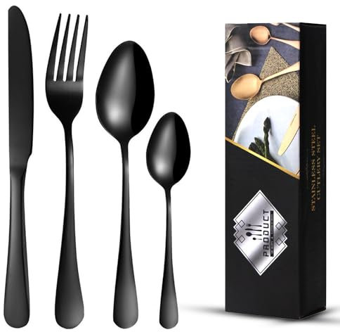 LAVISHLY - Juego de cubiertos de acero inoxidable negro de 16 piezas, cubiertos pulidos con espejo para 4 personas, vajilla duradera y apta para lavavajillas
