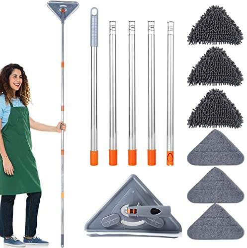 Triangle Cleaning Mop with Long Handle, 360° Adjustable Wall Mop, Microfiber Dry and Wet with 6 Replacement Cloth for Floor Ceiling Window Wall Cleaning