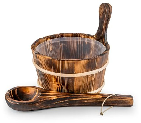 SAUNAINTER Seau de sauna avec truelle - Kit d'accessoires pour sauna - Style japonais - Bois carbonisé - Insert en plastique - Seau de sauna - Seau d'infusion (4 l)