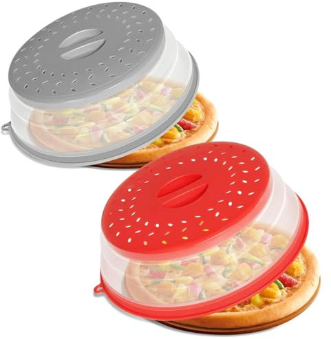 Lot de 2 couvercles pliables pour micro-ondes - 27 cm - Avec crochets - Convient également comme panier filtrant avec trous de vapeur (rouge + gris)