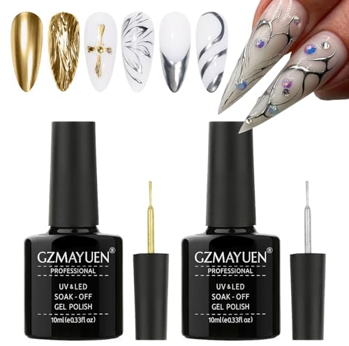 GZMAYUEN 2 * 10ml Metallic Painting Gel for Nail, Mirror Silver Golden Metal Liner Painted Drawing Gel, 3D Mirror Effect Nail Polish für Salon Home DIY Maniküre