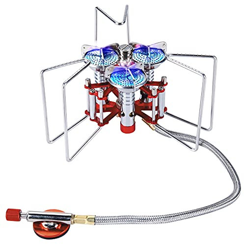 Bulin Hornillo de camping de 5800 W, hornillo de gas con 3 hornos, calentamiento uniforme, ajustable, pequeño de acero inoxidable, resistente al viento, antideslizante, portátil, quemador de gas para