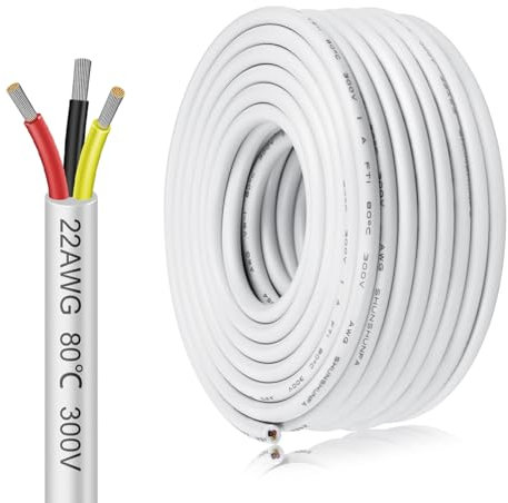 inShareplus 22AWG 3x0.26mm² 10 Meter Electrical Wire 3 Core Cable, 5V/12V/24V White Tinned Copper Wires, 22 Gauge 300V Flexible and Soft Outdoor Cable High Temperature Resistant Extension Wire