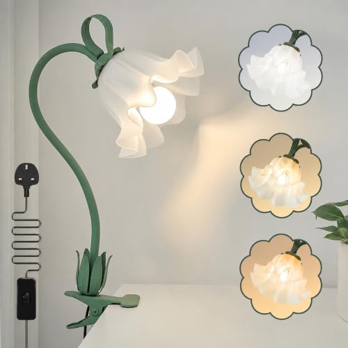WLHBF Clip on Light Flower Desk Lamp,3 Coluor Modes LED Eye-Caring Reading Light,Flexible Gooseneck Clip on Bedside Light for Beds Headboard Desk Office Bedroom Dorm