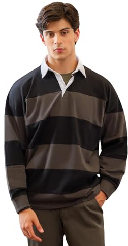 BRIAN OAK LONDON Men's Black Striped Rugby Polo Shirt, Relaxed Fit Long Sleeve Top, Premium Cotton Blend Athletic Casual Shirt