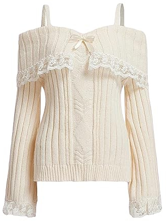 Lxootd Womens Y2K Vintage Off Shoulder Sweaters Long Sleeve Contrast Lace Knit Pullovers Bow Front Jumper Tops Coquette Clothes