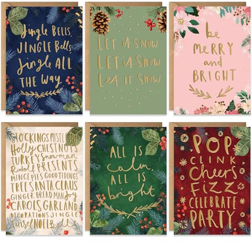 20 Christmas Cards with Envelopes and Gold Foil, Eco-friendly, Blank Assorted Greeting Notecards for Handwritten Thank You Message, Fun Playful Designs for Friends and Family