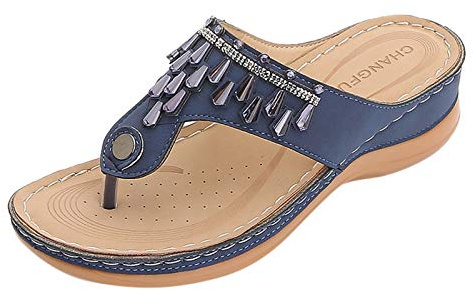 Sandalias de plataforma para mujer, sandalias ligeras con tacón de cuña, separadores de dedos con perlas de estrás, antideslizantes, cómodas chanclas con soporte para el arco, con cama suave, zapatos