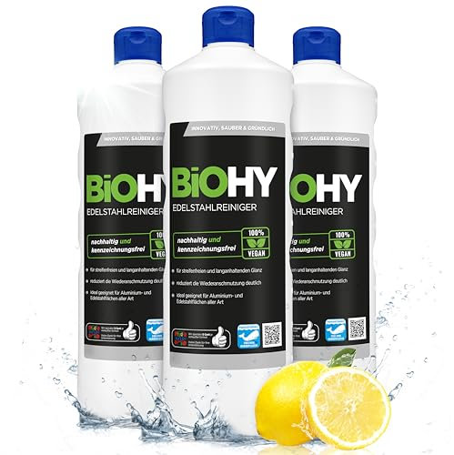 BiOHY Nettoyant pour acier inoxydable (3 x 1l Bouteille) | Entretien de l'acier inoxydable pour un nouvel éclat sans traces | Protection digitales, les taches (Edelstahlreiniger)