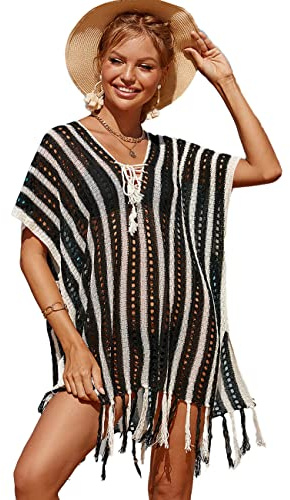 ZaisuiFun Femme Robe de Plage Ete Maillot de Bain Été Crochet Sarongs Bikini Cover Up Couvrir Blouse Paréo à Franges Col V Tricotée