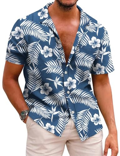 COOFANDY Herren Hemd Kurzarm Hawaii Hemd Baumwolle Sommer Strand Hemd Regular Fit Kurzarmhemd Hawaiihemd Kurzarm Freizeithemden Urlaub Shirt Kurzarm Hawaii Shirt C-Marineblau L