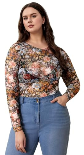 WDIRARA Women's Plus Size Floral Print Sheer Mesh Top Round Neck Long Sleeve Blouse Multicolor 3XL