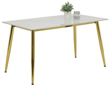 Hela Tische, Esstisch Xenia, Dekor Marmoroptik, Sintered Stone weiß, Metallgestell verchromt Gold, Maß 140x80cm
