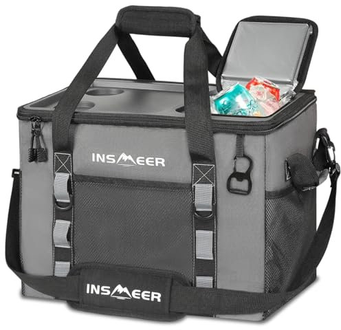 INSMEER Tragbare weiche Kühltasche mit PP-Reiseversion und 2 Getränkehaltern, faltbar, groß, 70 Dosen, 100 % auslaufsicher, mit Schultergurt für Strand, Camping