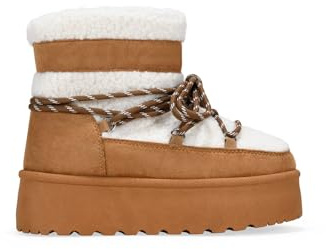 BOSANOVA Botas de Nieve para Mujer con Pelo de Borreguillo Beige y Suela de Plataforma Dentada de 4.5 cm. Cierre Mediante Cordones. No Son Impermeables. Calzado para Mujer Cuero 36
