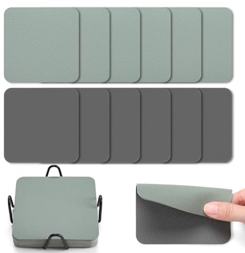 Myir JUN Juego de 12 posavasos de vidrio de 4 pulgadas, de piel sintética, impermeable, antideslizante, fácil de limpiar, con soporte para posavasos (gris salvia)