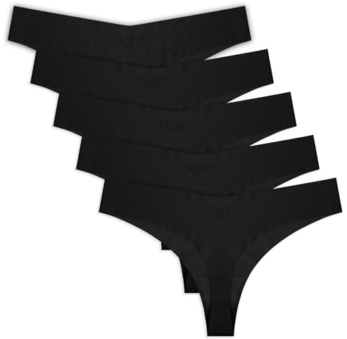 Yolev 5 Pack Seamless Thongs for Women No Show Thong Invisible V-waisted Panties Underwear (Black-L)