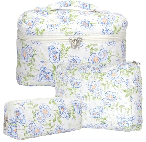KOMABLEN 3pcs Neceser Maquillaje, Neceser Viaje Mujer de Algodón, Floral Makeup Bag, Organizador Bolsa de Aseo para Maquillaje Necessaire Viajes Accesorios de Mujer