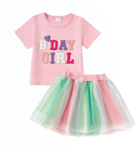 LUVCES Ensemble Tenue d'anniversaire pour Bébé Fille Birthday Girl Lettre Brodés T-shirt +Tulle Tutu Jupe Robes d'anniversaire Fête pour Enfants 1-6 Ans