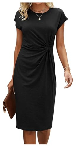 GORGLITTER Women's Twist Front Pencil Knee Length Shirt Dresses Cap Sleeve Crewneck Elegant Vacation Dress Black Medium