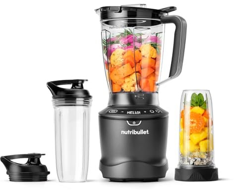 nutribullet SmartSense Blender Combo - 1500W Base with 1.6L Jug & 2 Personal Cups with Lids - Satin Black Finish - 5 Pre-Programmed Smart Auto Cycles - Blend Fruit, Ice & Nuts - For Smoothies & Juices